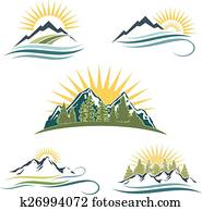 Mountain sunrise, nature icon set. Mountain sunrise, nature icon set.