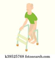 Old man with walking frame icon, cartoon style
