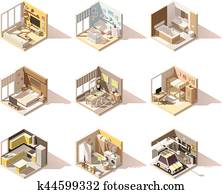 Vector isometric low poly home rooms set Vector isometric low poly home rooms set