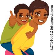 afrikanischer amerikaner, mutter, sohn, huckepack reiten