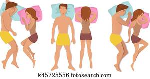 Couple sleeping poses. Man and woman resting and dreaming positions vector illustration