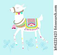 Funny llama isolated on blue, white alpaca animal cute drawing Funny llama isolated on blue, white alpaca animal cute drawing
