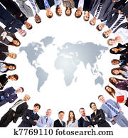 Group of people around a world map 