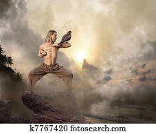 Man Practices Martial Arts with Bird of Prey at Dawn