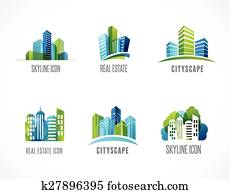 real estate, city, skyline icons and logos