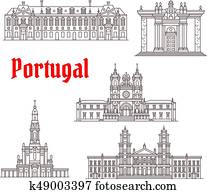 portugal, arquitetura, marco famoso, vetorial, ícones