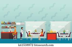 Vector banner with restaurant interior. People having lunch in cafe and bar