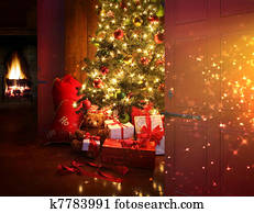 Christmas scene with tree and fire in background