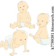 Funny babies in diapers. Vector