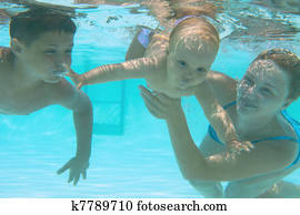 undervattens, familj, in, simning, pool., mor, undervisning, henne, lurar