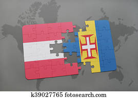 quebra-cabeça, com, a, bandeira nacional, de, áustria, e, madeira, ligado, um, mapa mundial, experiência. quebra-cabeça, com, a, bandeira nacional, de, áustria, e, madeira, ligado, um, mapa mundial, experiência.