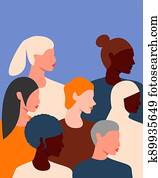 Womens faces of different ethnic groups and cultures. International womens day. 8th march. Womens friendship, solidarity, sisterhood. Women empowerment movement. Eps 10