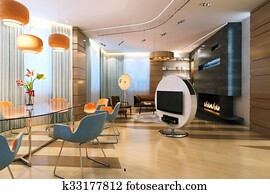 Big dining room with fireplace in new contemporary interior. 3D render Big dining room with fireplace in new contemporary interior. 3D render