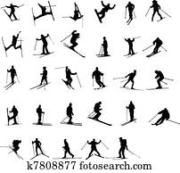 esquiando, silhuetas