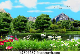 Lake in the countryside with white Lake in the countryside with white