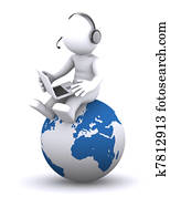 3d, zeichen, mit, laptop, sitzen, auf, globus