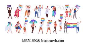 Crowd of people taking part in pride parade. Men and women at street demonstration for LGBT rights. Group of gay, lesbian, bisexual, transgender activists. Colorful vector illustration in flat style. Crowd of people taking part in pride parade. Men and women at street demonstration for LGBT rights. Group of gay, lesbian, bisexual, transgender activists. Colorful vector illustration in flat style.
