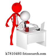 Devil standing behind office worker Devil standing behind office worker