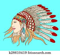 jung, hübsche frau, in, indisches oberhaupt, headdress., vektor, illustration.