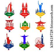 Set of stickers in different countries