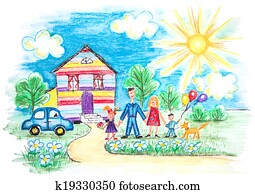 childrens, 勾画, 带, 高兴的家庭