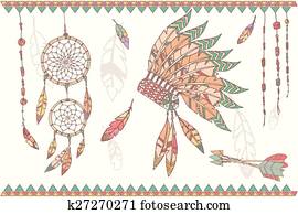 hand, gezeichnet, indianische, träumen auffänger, perlen, und, gefieder