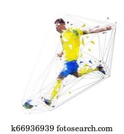 jugador del fútbol, patear, pelota, lado, vista., geométrico, bajo, poly, vector, illustration., futbolista
