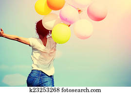 mulher jovem, e, balões