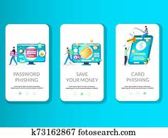 phishing, נייד, אפליקציה, onboarding, מסכים, וקטור, דפוסית