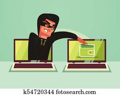 האקר של מחשב, אופי, לגנוב כסף, online., וקטור, דירה, ציור היתולי, דוגמה