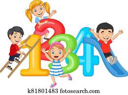 ציור היתולי, קטן, שמח, ילדים, עם, מספרים