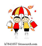 Autumn sale! Family with shopping bags for your design