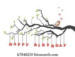 feliz aniversário, cartão, com, pássaro