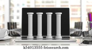 Four classical pillars on a computer, office background. 3d illustration Four classical pillars on a computer, office background. 3d illustration