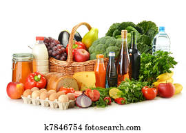 Groceries in wicker basket including vegetables and fruits Groceries in wicker basket including vegetables and fruits