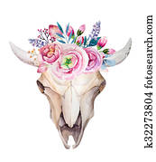 aquarela, crânio vaca, com, flores, e, feathers., Boho, estilo, desig