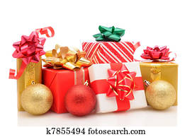 Christmas presents and ornaments on white