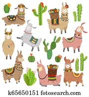 Llama cactus. Chile llamas alpaca and cacti wild lama. Peru camel, girl scrapbook kids funny elements cartoon vector set Llama cactus. Chile llamas alpaca and cacti wild lama. Peru camel, girl scrapbook kids funny elements cartoon vector set