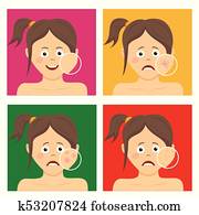 avatar, conjunto, para, skincare, infographic., adolescente, mujer, con, facial, piel, problemas