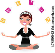 Busy woman with notes trying to relax in yoga position.  Vector retro Illustration