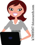 feliz, mujer de negocios, trabajando, con, computer., vector, illustration.