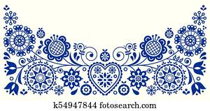 Folk art retro vector greeting card design, floral ornament inspired by Scandinavian art