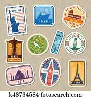 reise, aufkleber, satz, mit, verschieden, weltweit, architektonisch, symbols., vektor, etiketten, mit, grunge, struktur reise, aufkleber, satz, mit, verschieden, weltweit, architektonisch, symbols., vektor, etiketten, mit, grunge, struktur