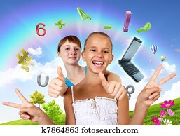 School girls and education objects and symbols