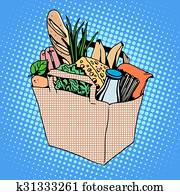 Grocery bag full of food cheese milk bread fruit herbs sausage m