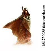 פנטזיה, צעיר, מכשפה, -, אישה יפה, עם, כרבל, ו, ברדס, להחזיק, a, קסם, צוות