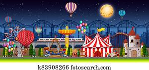 Amusement park scene at night with balloons and moon in the sky Amusement park scene at night with balloons and moon in the sky