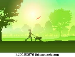 Female jogging with dog in countryside Female jogging with dog in countryside