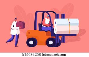 modernes, textil fabrik, produktion, transport, und, storage., gabelstapler, und, arbeiter, mit, faden, spulen, schiffahrt, kleidung modernes, textil fabrik, produktion, transport, und, storage., gabelstapler, und, arbeiter, mit, faden, spulen, schiffahrt, kleidung