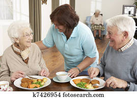 Senior Couple Being Served Meal By Carer Senior Couple Being Served Meal By Carer